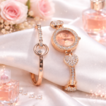 Rose Gold Crystal Analog Watch Set For Women